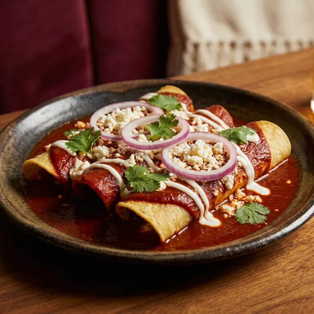 Enchiladas at XICA, rolled in gluten-free corn tortillas under a rich sauce
