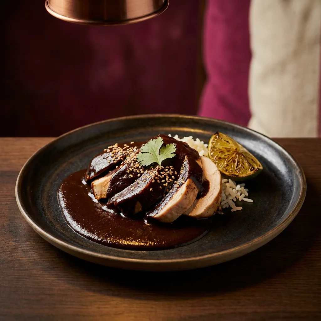 A plate of XICA’s house mole negro, glossy and deep, made in-house and 100% gluten-free